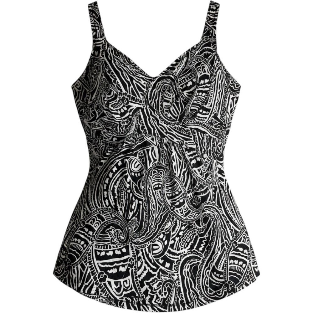Black White Paisley Prnt Swim Dress One Piece Swimsuit V-Neck Built-in Bra Azul